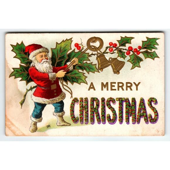 Vintage Santa Claus Christmas Postcard with Embossed Holly & Bells - Picture 1 of 2